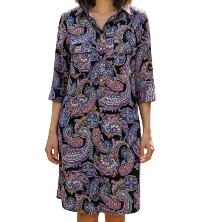 Jude Connally Women Sloane Paisley Print Shirt Dress Quiet Luxury Preppy Black L